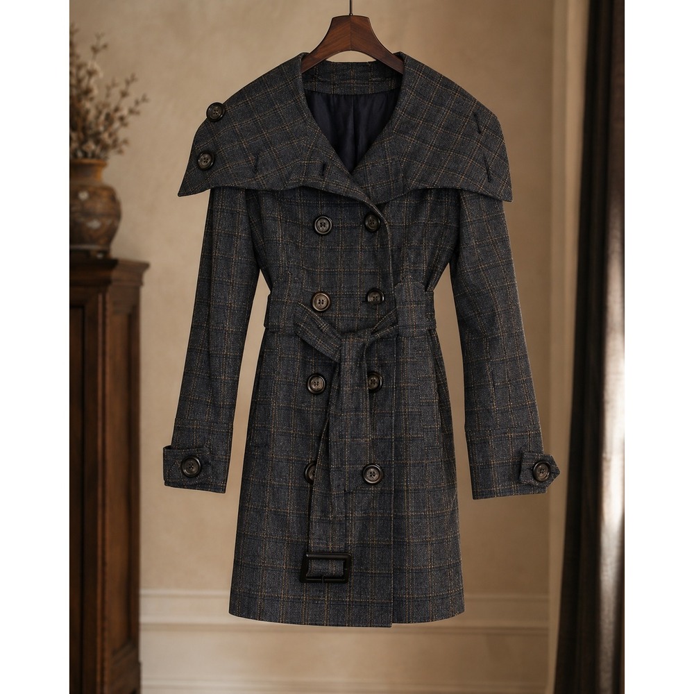 Dark Academia Plaid Trench Coat Belted Cape Collar Women's Medium
